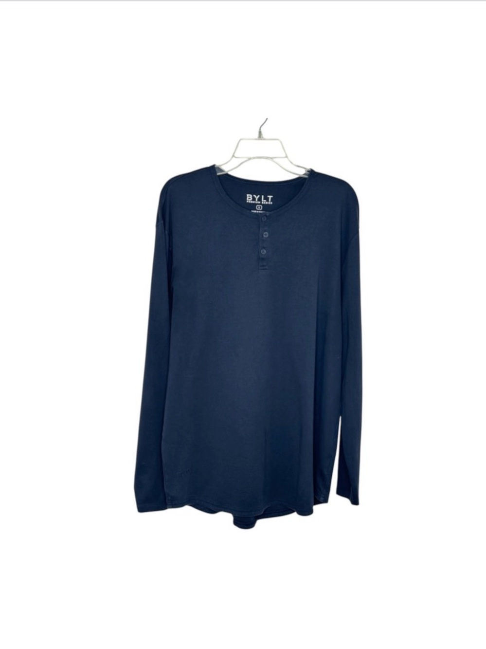 BYLT Premium Basics Drop Cut Henley Shirt Long Sleeve Athleisure Blue Size L